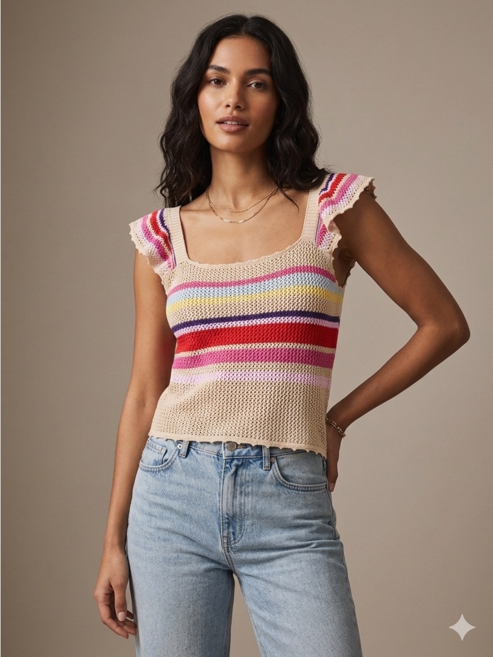 Rails Naomi Tan Multi Stripe Crochet Knit Tank Top Size Medium